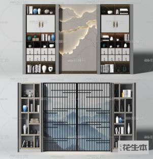 新中式书柜装饰柜背景墙3d模型「免费下载」